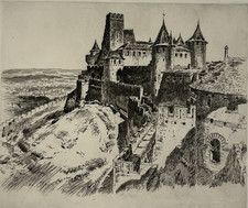 Cite Carcassonne GEORGES GOBO Gravure EAU FORTE Aude XX°