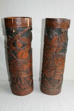 2 grands pots à pinceaux chinois , Bitong en bambou sculpté à restaurer H 46 cm