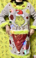 Ugly Christmas GRINCH Sweater Contest Tacky Lights Up Hideous Boa Ornaments