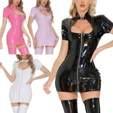Women's Sexy Short Sleeve PVC Leather Bodycon Zipper Mini Dress Party Club Wear