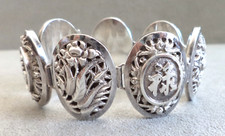 Antique CHINESE Sterling Silver GoodFortune SHADOWBOX BRACELET Lotus Flower 6.5"