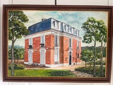 Ancien Tableau Peinture Huile Toile Manoir Château Maison Vacances 87x62cm