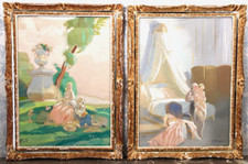 XXe La Déclaration & Le Coucher Paire de Scènes Galantes Gouache Craie Past