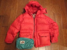 Vintage 1977 North Face Quilted Down Red Parka Jacket w/ its Hood & Stuff Sack L