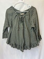 Talia Benson 100% Linen Made In Italy Blouse Polka Dot Ruffle S Green 3/4 Sleeve