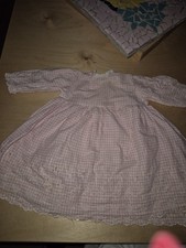 Antique white pink gingham print dress and lace doll antique 36.40 cm