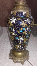 Ancienne grande lampe à pétrole faience bleu nuit cobalt bronze doré Gien Sevres