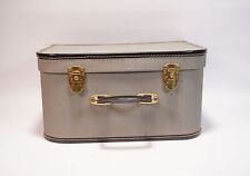 Vintage mid-century grey black striped suitcase with metal fittings