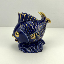 RARE Antique Ceramic Pottery Fish Carp Blue Koi Vase Signed B. Bolle 50-60's