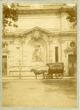 France, horse and cart in front of a statue, ca.1900, vintage citrate print wine