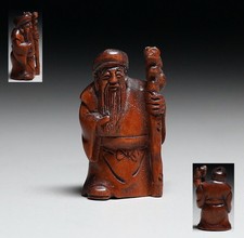 Ancien dieu japonais NETSUKE Fukurokuju -signé -okimono -rare du Japon