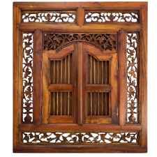 Cadre Mural Asiatique en Bois Sculpté avec Volets, Style Balinais Exotique 91x81