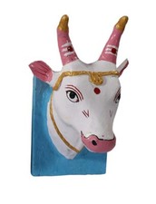 Vache Indienne Trophee Blanche Medium Nandi Papier Mache Deco Murale 14x13x19cm