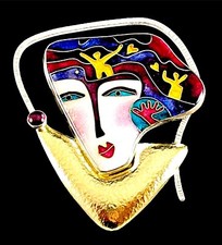 STUNNING ARTISAN C. R. DUNETZ 22K GOLD STERLING SILVER CLOISONNE BROOCH PENDANT