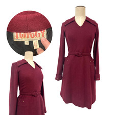 Vintage 1960s TWIGGY Original Label Plum Wool Studded Pocket Mod Mini Dress