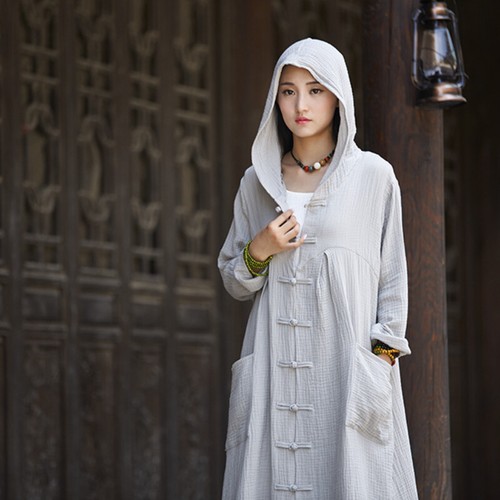 Femme coton lin long manteau - coton,