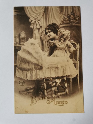 Cpa bonne année - bonne, poussette
