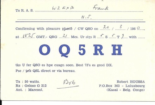 Qsl 1960 oq5rh belge - belge, congo
