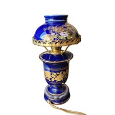 Cobalt Blue and Gold Enamelled Earthenware Lamp Stand Floral Decor / Ceramic Lamp