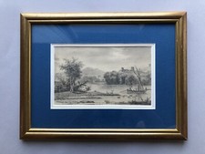 École Française 19e siècle DESSIN au crayon PAYSAGE BORD DE FLEUVE Bien encadré 