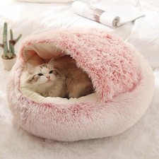 Ndier Lit Rond Moelleux pour Chat - en Peluche Douce - avec Capuche - pour