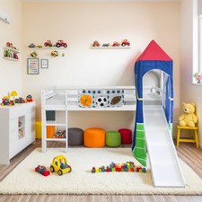 Lit D'Enfant Superposé 90x200 Mezzanine avec Toboggan Cadre de Bois Homestyle4u