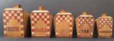 Série 5 Boîtes Anciennes Lustucru Art Déco en Bois Épices Café Thé Sucre Damier