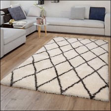Tapis Salon Crème Blanc Doux Grand Shaggy Flokati Motif Losanges Poils Hauts