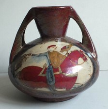 ANTIQUE LOUIS DESMANT SUBLES ENAMEL & IRISE STONEWARE VASE - BAYEUX TAPESTRY