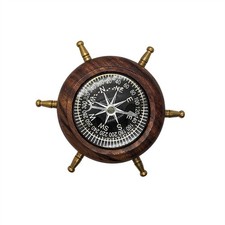 Captains Desk Wooden Brass Shipwheel Compass Nautical Paper Weight Office Decor