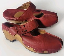 Sergio Tomani Red Leather Wooden Vivian Clogs 39 Boho 8 8.5 Hippie Lagenlook 