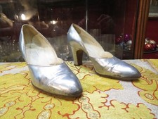 antique pair of heyraud leather & silver art deco shoes circa 1950-60