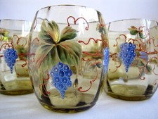 7 glass mugs enamelled decoration vine grape cluster