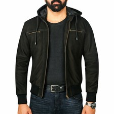 Blouson bomber en cuir daim noir pour hommes veste en cuir à capuche à la mode