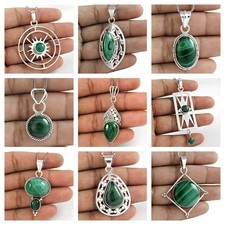 Noël Cadeau Naturel Malachite Pierre 925 Argent Sterling Pendentif Bijoux