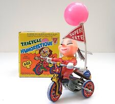 TRICYCLE HUMORISTIQUE CLOWN ANCIEN JOUET MÉCANIQUE MARKI CORÉE +BOÎTE FONCTIONNE