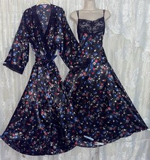Vtg 1X 2X Black Floral Satin WRAP Peignoir Robe Nightgown Negligee w Lace Set