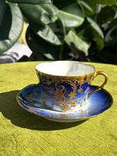 Antique Blue Porcelain and Gold France 19th Century Mug and Saucer