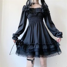 Women Retro Gothic Lolita Cute Dress Girl Ruffle Black Puff Sleeve Dress Cosplay