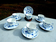 SET OF 6 ROYAL COPENHAGEN BLUE FLUTED PLAIN LACE CUP & SAUCER SETS # 2162