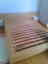 Lit 160x200 sommier à lattes + tête de lit - bouleau