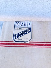 Ancienne toile métissée écru à liteaux rouge pour torchon