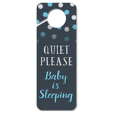 Quiet Please Baby is Sleeping Blue Plastic Door Knob Hanger Sign