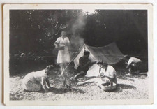 Camping scene, wood fire, tents, only women friends - old photo snapshot