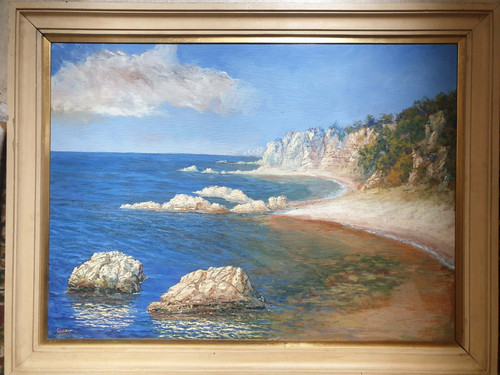Tableau ancien paysage bord - tableau,