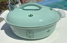 Dru Holland Oval Dutch Oven #24 Green Tulip Covered Casserole Cast Iron
