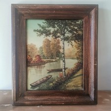 Tableau Peinture sur Verre inversé signé P. Alix:  Bord De Rivière / Réf A117