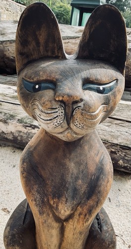 Statuette chat assis bois - chat,