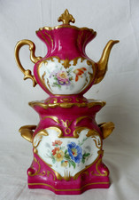 Superbe tisanière porcelaine Limoges Jammet-Seignolles ,rouge/or,floral rehaussé