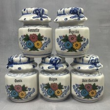 Ensemble 5 petits pots à épices en porcelaine décor fleuri origan, cumin, etc.